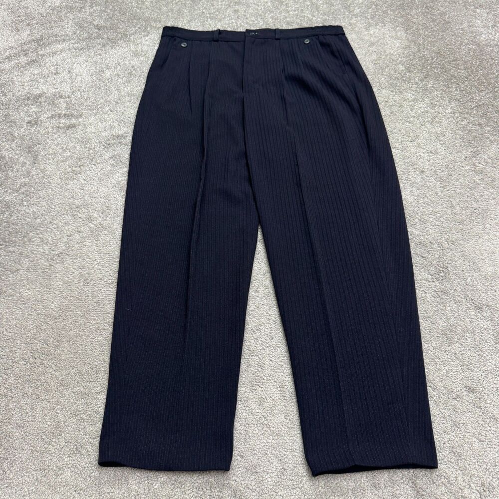 Unbranded Pleated Front Textured Dress Pants Mens 34x26 Navy Pinstriped Classic